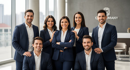 A group of confident business professionals, including men and women in suits, smile for a team portrait in a modern office lobby. The diverse team conveys professionalism, leadership, and corporate success.の素材