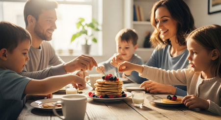 A happy family of four enjoys a breakfast of pancakes topped with berries at a wooden dining table. Sunlight streams into the room as the parents and young children share a joyful mealtime moment together.の素材
