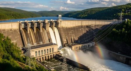 A massive hydroelectric dam releases water through its spillways, creating a mist and rainbow in the river below. The industrial structure is surrounded by green hills and power lines, symbolizing large-scale renewable energy generation.の素材