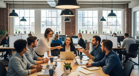 A diverse group of business professionals engages in a lively discussion around a conference table in a modern open-plan office. Laptops and coffee cups are present as they brainstorm strategies, representing teamwork and corporate collaboration.の素材