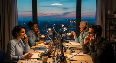 A dedicated team of customer support agents works late at night in a modern office, wearing headsets and talking on phones. The background features a large window revealing a city skyline at twilight with illuminated buildings. The image illustrates hard work, 24/7 service, and the global nature of modern business.の素材