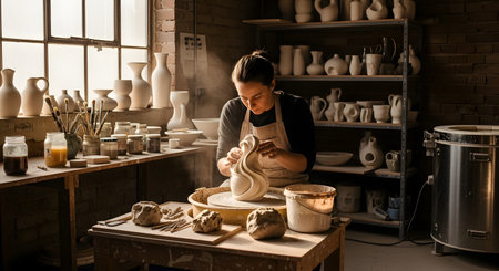 A skilled female artisan concentrates on shaping a piece of clay on a spinning pottery wheel in a rustic studio. Sunlight streams through the window, illuminating the dust motes and shelves filled with finished ceramic vases and bowls in the background.の素材