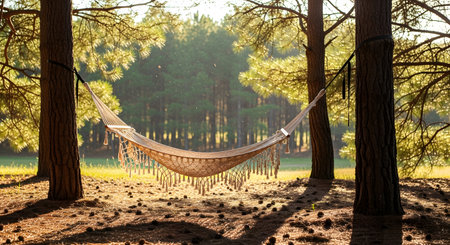 A beige rope hammock hangs empty between two sturdy pine trees in a sunlit forest. The scene evokes relaxation and peace, with golden sunlight filtering through the branches onto the soft pine needle ground.の素材