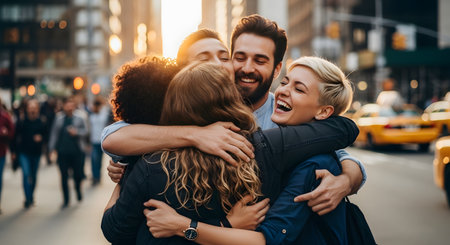A diverse group of happy friends hugging each other on a busy city street at sunset. They are laughing and smiling, enjoying a warm reunion with yellow taxis and buildings in the background.の素材