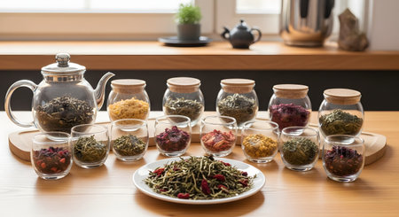 An assortment of dried tea leaves and herbal ingredients is displayed in glass jars and small cups on a wooden table. A clear teapot and a plate of mixed herbs sit in the center, highlighting a healthy and organic beverage theme near a window.の素材