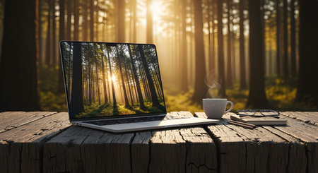 A laptop displaying a forest image sits on a rustic wooden table outdoors, blending seamlessly with the actual forest background. A steaming cup of coffee, glasses, and a notebook complete this serene remote work concept.の素材