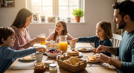 A happy family of five enjoying a hearty breakfast of pancakes and toast in a sunlit kitchen. They are talking and smiling, sharing a warm moment of connection at the start of the day.の素材