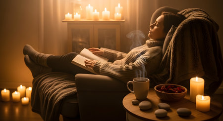 A woman relaxes in a comfortable armchair wrapped in a blanket, reading a book in a dimly lit room filled with candles. A cup of steaming tea sits on a side table, creating a warm, cozy, and peaceful hygge atmosphere.の素材