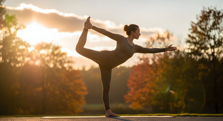 A woman performs the yoga dancer pose (Natarajasana) in a park during a golden sunset, creating a graceful silhouette against the autumn trees. The image conveys balance, flexibility, and a deep connection with nature.の素材