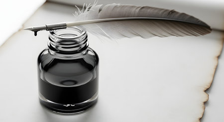 A classic feather quill pen rests on an open glass ink bottle filled with black ink atop a sheet of vintage parchment paper. A single drop of ink hangs from the nib, evoking themes of history, literature, and creative writing.の素材
