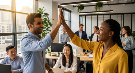 Two cheerful colleagues, a man and a woman from diverse backgrounds, high-five each other in a busy modern office. Their coworkers smile in the background, sharing in the moment of celebration. This image represents professional success, strong teamwork, and a positive corporate culture.の素材
