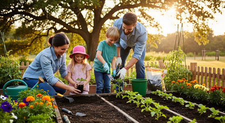 A happy family of four works together in a garden bed in their backyard on a sunny afternoon. The parents teach their young son and daughter how to plant seedlings, fostering a love for nature and healthy living.の素材