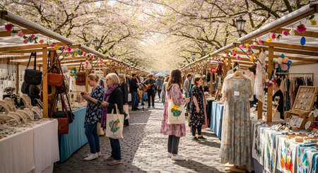 A bustling outdoor market street lined with wooden stalls and blooming pink cherry blossom trees. Shoppers browse through handmade goods and clothing under the sunny spring canopy creating a vibrant festive atmosphere.の素材