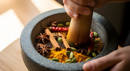 A close-up view of hands using a pestle to grind a mix of aromatic spices, including cinnamon, star anise, and cardamom, in a stone mortar. The image captures the texture and traditional method of preparing fresh ingredients for cooking or herbal medicine.の素材
