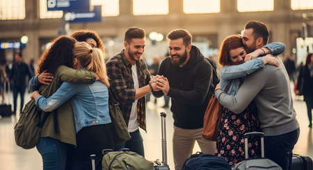 A diverse group of happy friends embraces in a warm group hug at a busy train station or airport terminal. Surrounded by luggage and travelers, the image captures the joy and emotion of a long-awaited reunion.の素材