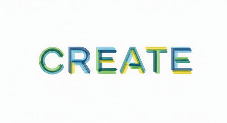 The word "CREATE" is depicted in a modern, artistic typography style using sketched lines in shades of blue, green, and yellow. The colorful text stands out against a clean white background, inspiring imagination and innovation. This graphic design concept represents creativity and artistic expression.の素材