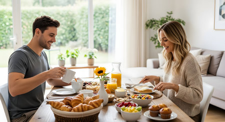 A happy young couple enjoys a healthy breakfast together in a bright dining room. The husband pours coffee while the wife butters toast, surrounded by fresh fruit, croissants, and muffins on a wooden table.の素材