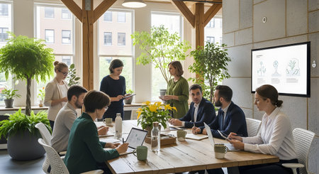 A professional business team collaborates around a wooden table in a modern, eco-friendly office filled with green plants. A large screen displays botanical diagrams, emphasizing a focus on sustainability and environmental strategies during their meeting.の素材