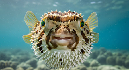 A close-up underwater portrait captures a pufferfish with a seemingly smiling expression facing the camera. The detailed spines and large eyes of the marine creature are highlighted against a clear blue ocean background.の素材