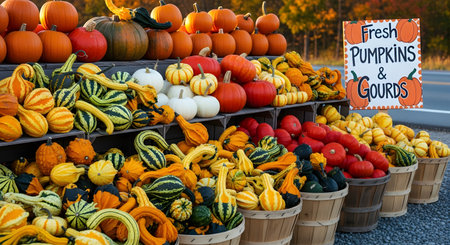 A vibrant display at a farm stand features a wide variety of fresh pumpkins and gourds arranged on wooden shelves and in baskets. A hand-painted sign reads "Fresh Pumpkins & Gourds," inviting customers to buy. The scene is filled with the warm orange, yellow, and green colors of the autumn harvest.の素材