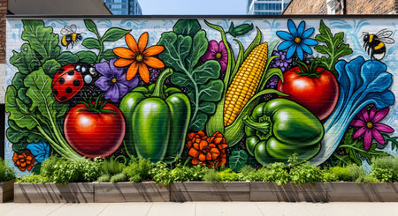 A colorful street art mural painted on a brick wall depicting large fresh vegetables like tomatoes, peppers, and corn, along with garden insects. The artwork is situated above a wooden planter box in an urban setting.の素材