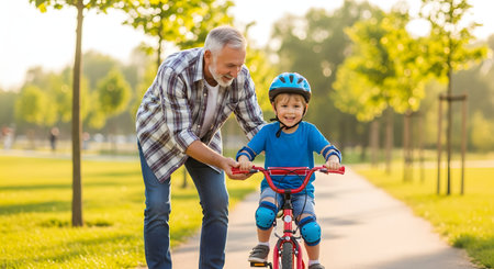 A smiling grandfather holds the handlebars of a small red bicycle, teaching his young grandson how to ride in a sunny park. The boy, wearing a safety helmet and knee pads, looks happy and confident as he learns a new skill with family support.の素材