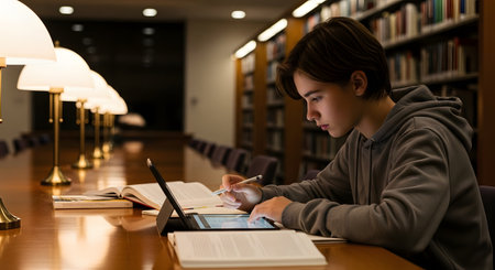 A focused young student sits at a long wooden table in a library, using a stylus to write on a digital tablet. Rows of bookshelves and warm desk lamps create a quiet and studious atmosphere suitable for academic research and late-night learning.の素材