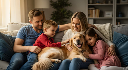 A loving family consisting of a father, mother, and two young children cuddles with their golden retriever dog on a sofa. The scene portrays a warm, happy home environment full of affection and bonding.の素材