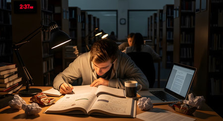 A tired university student studies late at night in a library, illuminated by a desk lamp. Surrounded by open books, a laptop, and snacks, he focuses intently on his work while preparing for exams.の素材