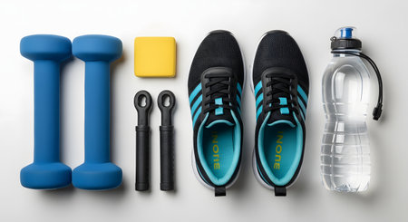 A neat flat lay arrangement of fitness equipment on a white background including blue dumbbells, black running shoes, and a water bottle. The composition represents a healthy lifestyle and preparation for a gym workout.の素材