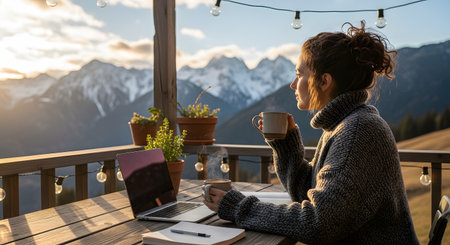 A woman sits at a wooden table on a balcony, drinking coffee and working on her laptop. The backdrop features a breathtaking view of snowy mountain peaks and a valley at sunrise.の素材