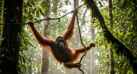 A majestic orangutan hangs effortlessly from thick vines in a lush tropical rainforest, looking towards the camera. The dense green canopy and soft lighting highlight the primate's reddish-brown fur and natural habitat.の素材
