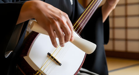 A close-up of a musician's hands playing the Shamisen, a traditional Japanese three-stringed instrument. The performer uses a large plectrum (bachi) to strike the strings, wearing a black kimono.の素材