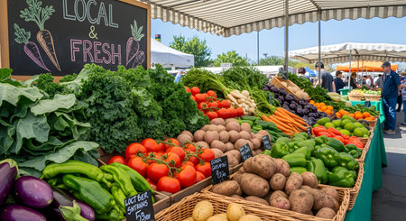 A vibrant display of fresh, locally grown vegetables at a farmers market stall. Wooden crates are filled with potatoes, peppers, carrots, and leafy greens under a striped awning, with a chalkboard sign reading 'LOCAL & FRESH'.の素材