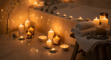 A luxurious and relaxing bathroom setting features a bathtub filled with foam, surrounded by numerous lit candles. Soft towels, bath salts, and an orchid flower complete the spa-like atmosphere, perfect for self-care and unwinding.の素材