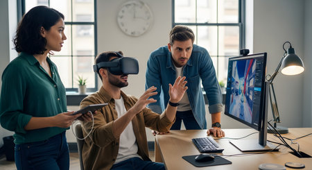 A team of developers collaborates in a modern office, with one man wearing a VR headset and gesturing while others observe a 3D simulation on a monitor. The scene depicts innovation and teamwork in the field of virtual reality technology.の素材