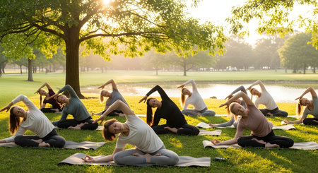 A large group of women practices yoga outdoors in a sunny park, performing a side stretch pose on mats. A large tree and a calm lake provide a serene natural backdrop with golden hour lighting. This image symbolizes health, wellness, community, and connection with nature.の素材