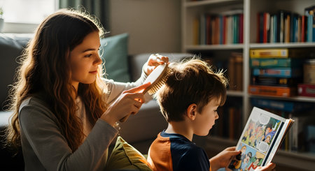 A teenage girl gently brushes her younger brother's hair while he sits and reads a comic book. The sunlit indoor scene highlights the tender and caring bond between siblings during a daily routine.の素材