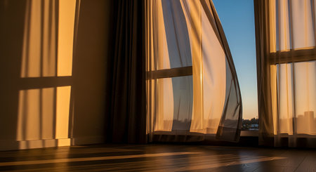 Sheer white curtains billow gently in the wind at a large window during a golden sunset. The warm light casts long shadows on the wooden floor, creating a peaceful, airy, and serene atmosphere in the home interior.の素材