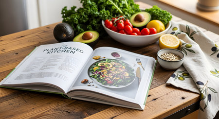 An open cookbook titled The Plant-Based Kitchen displays a salad recipe on a wooden table surrounded by fresh ingredients like avocados, tomatoes, and kale. The image inspires healthy cooking and a vegan lifestyle.の素材