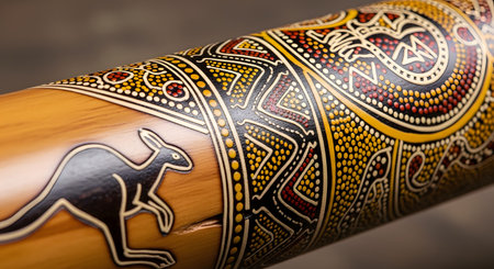 A close-up view of a traditional Australian didgeridoo featuring intricate Aboriginal dot painting and a kangaroo motif. The wooden instrument displays indigenous cultural patterns in earth tones.の素材