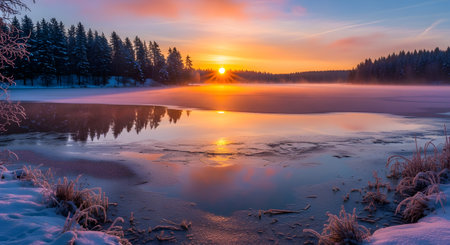 A majestic winter landscape shows a frozen lake surrounded by snow-covered pine trees at sunrise. The sun bursts over the horizon, casting a warm golden glow that contrasts with the cold purple and blue tones of the ice and snow.の素材