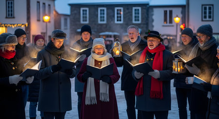 A choir group of men and women dressed in winter coats sings Christmas carols from songbooks in a snowy town square at dusk. Some hold lanterns, and their breath is visible in the cold air, creating a festive and traditional holiday atmosphere.の素材