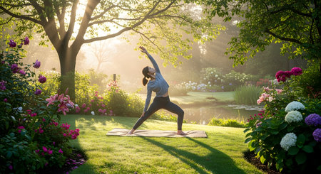A woman practices a yoga pose on a mat in a lush, blooming garden during a misty sunrise. Sunlight filters through the trees, creating a serene and spiritual atmosphere for morning exercise. The setting highlights the connection between wellness, mindfulness, and nature.の素材