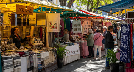 A vibrant outdoor market stall displaying a variety of colorful woven textiles, blankets, and handmade souvenirs. Shoppers browse the hanging items under yellow and blue canopies on a sunny day, capturing the bustle of local trade and tourism.の素材