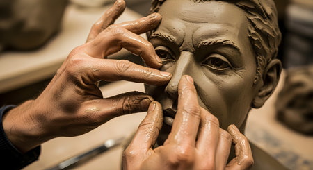 Close-up of a sculptor's hands delicately modeling the nose of a clay bust with precision. The artist uses their fingers to shape the facial features, highlighting the tactile and detailed nature of the artistic process.の素材