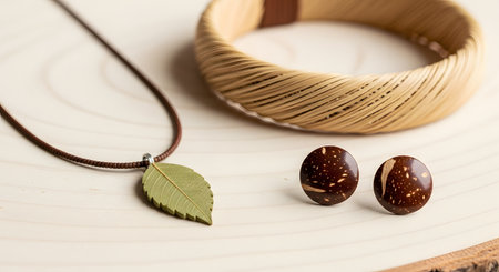 A display of handcrafted eco-friendly jewelry made from natural materials lies on a light wooden surface. The set includes a necklace with a green leaf pendant, round stud earrings made from coconut shell or wood, and a woven grass bracelet. The image highlights sustainable fashion and artisanal craftsmanship.の素材