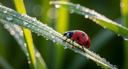 A close-up macro shot captures a red ladybug crawling on a vibrant green blade of grass covered in morning dew drops. The sunlight glistens on the water droplets, highlighting the intricate details of nature and the insect.の素材