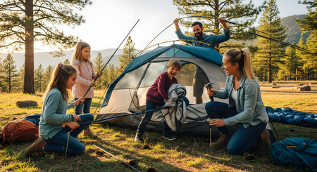 A happy family works together to set up a camping tent in a sunny pine forest clearing. The parents and children hold the poles and fabric, enjoying a teamwork activity during their outdoor vacation.の素材