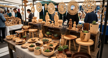 A market stall displays a variety of handcrafted wooden items, including intricate mandalas, bowls, and figurines. The scene captures the charm of an artisan fair with shoppers browsing in the background.の素材
